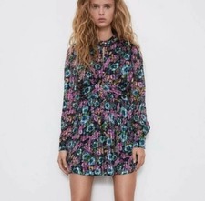 ZARA Multicolor Floral Chiffon Mini Dress Puff Long Sleeve V-Neck Size XS