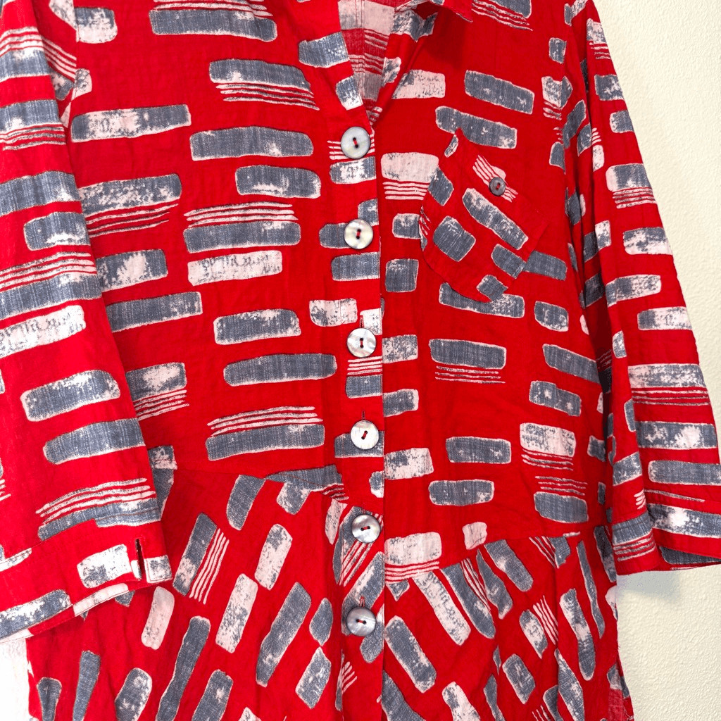 John Mark Red Patterned Button Down Blouse Size XL - image 2