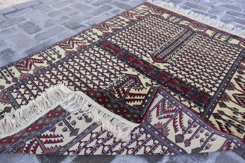 4'1x5'5 ft Vintage Afghan Handmade Beige Parda design Rug- Soft Pile Antique Rug - Picture 14 of 15