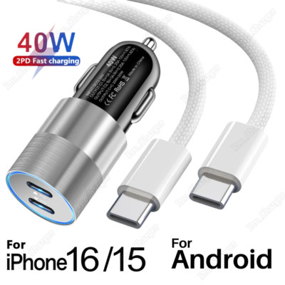 For iPhone 16 15Pro Samsung 40W PD Fast Car Charger Adapter Type C Braided Cable