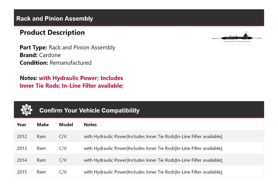 Для 2012-2015 Ram C/V стойка и шестерня в сборе Cardone 2013 2014 - Изображение 2 из 4