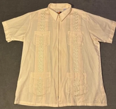 Haband Guayabera Shirt Mens LG Yellow Cuban Cigar Short Sleeve Full Zip Pockets - Image 1 of 4