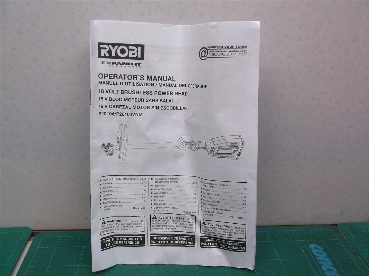 Ryobi P20104 P20104vnm One 18 V Li Ion Brushless String Trimmer manual Only