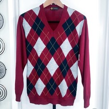 Consul Mens Argyle 80s 90s Vintage Style Sweater - Burgundy Navy Gray, Size XL