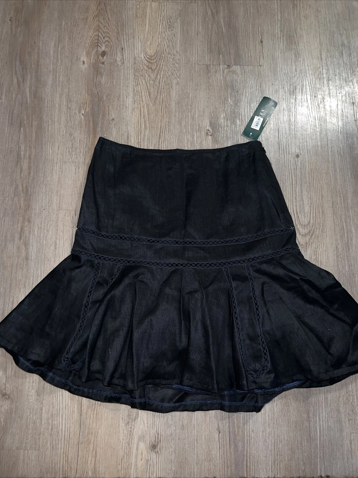 Ralph Lauren Linen Skirt Black Fit & Flair Lace Insert Lined Peasant Size 12 NEW