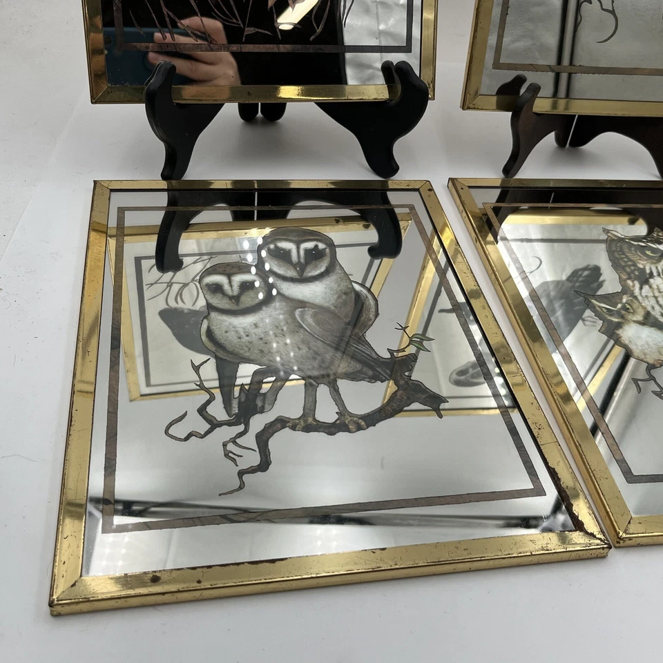 Juego de 4 espejos retro vintage MCM Art Mid Century imagen búho enmarcados 11" x 8" mod Foto 4 de 4