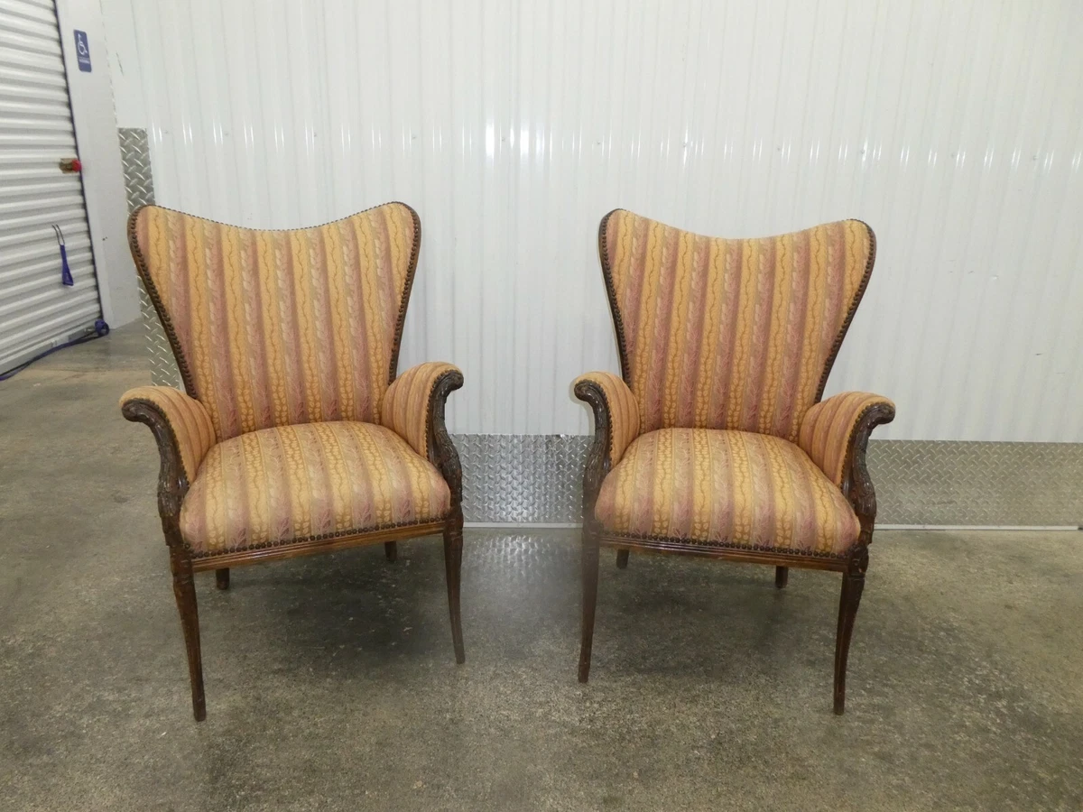 PAIR HOLLYWOOD REGENCY GROSFELD HOUSE STYLE CLUB CHAIRS W FEATHERED ARMS