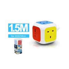 4 Way Cube Extension Lead 1.5m 13A UK Plug with USB Ports Power Socket Strip