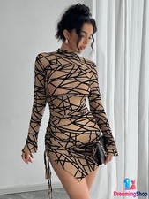 Women's Side Drawstring Bodycon Irregular Dress Party Cocktail Mini Dress