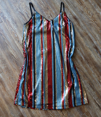 As U Wish Sequin Sparkle Stripe Slip Dress Glam Cocktail Night Out Womens XXS