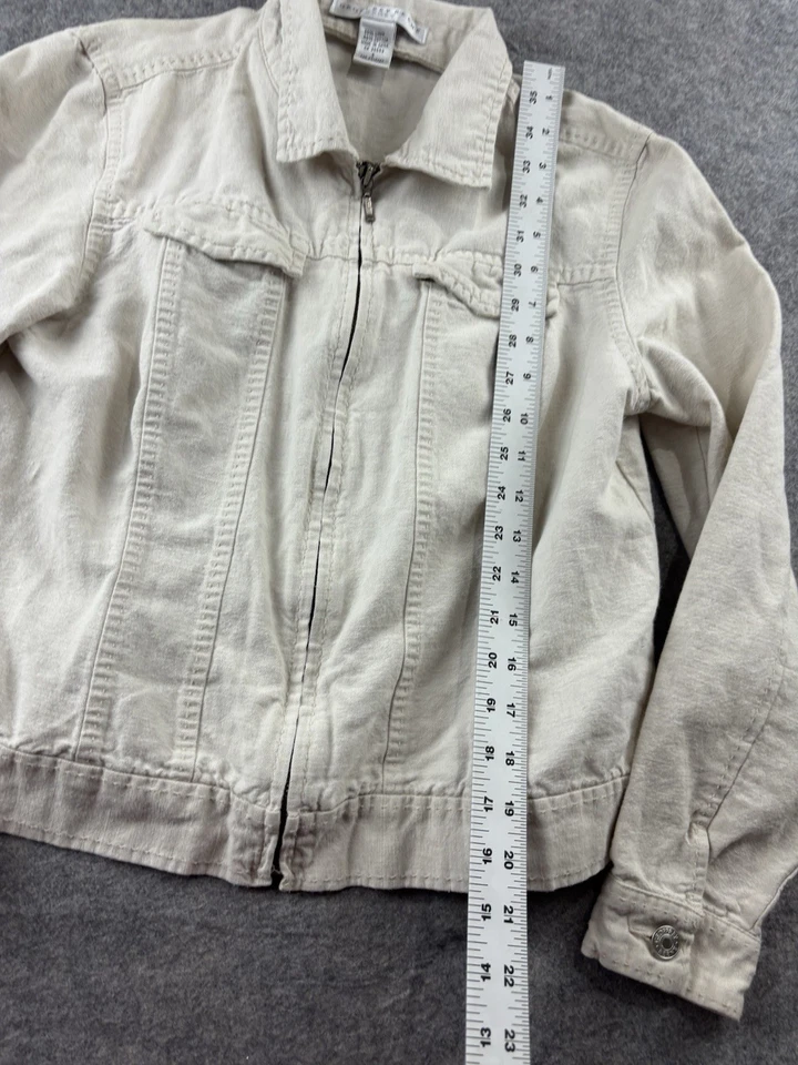 Chaqueta de Motocicleta Bombardero Beige Cremallera Completa Crop Lino Geoffrey Beene De Colección Para Mujer’s 8 Foto 2 de 4