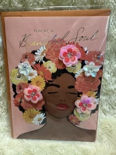 Papyrus BLANK Card All Occasion  Black Woman  Floral  Wreath Sequins Jewels