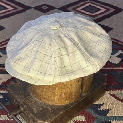 Vintage Gatsby Panel Newsboy Cap Adult Medium White/Green Plaid Cotton Hat