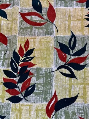 50 s Leafy Chartreuse Plaid Mid Century Barkcloth Vintage Fabric Drape Curtain