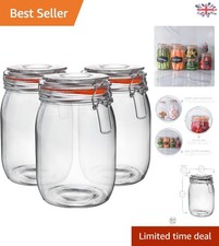 Rustic Airtight Glass Storage Jars - 1L Clip Lid, 3 Pack with Color Seals