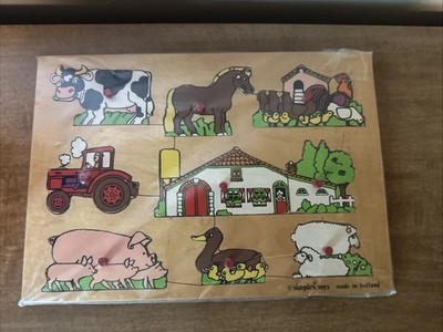 Vtg Simplex Wooden Farm Peg Puzzle Made in Holland 8-Piece Barn Pig Tractor