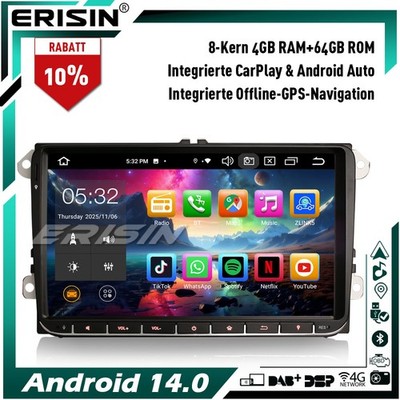 64GB DAB+ Android 14 Autoradio GPS Für VW T5 Passat CC Golf 5/6 Polo Tiguan SEAT