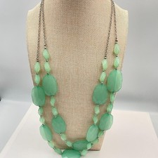 Vintage Green Beaded Double Strand Necklace Silver Tone Layered Chunky Statement
