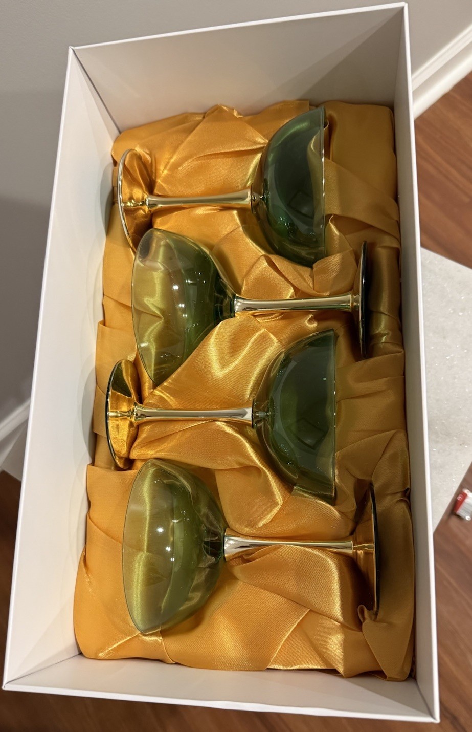 The Wine Savant Green Gold Coupe Art Deco Champagne Glasses Set Of 4 Gift Box