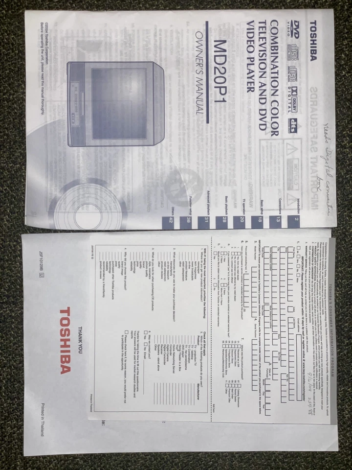 Toshiba MD20P1 20 pulgadas CRT Color TV DVD Combo Retro Juegos tiene Control Remoto y Manual Foto 2 de 4