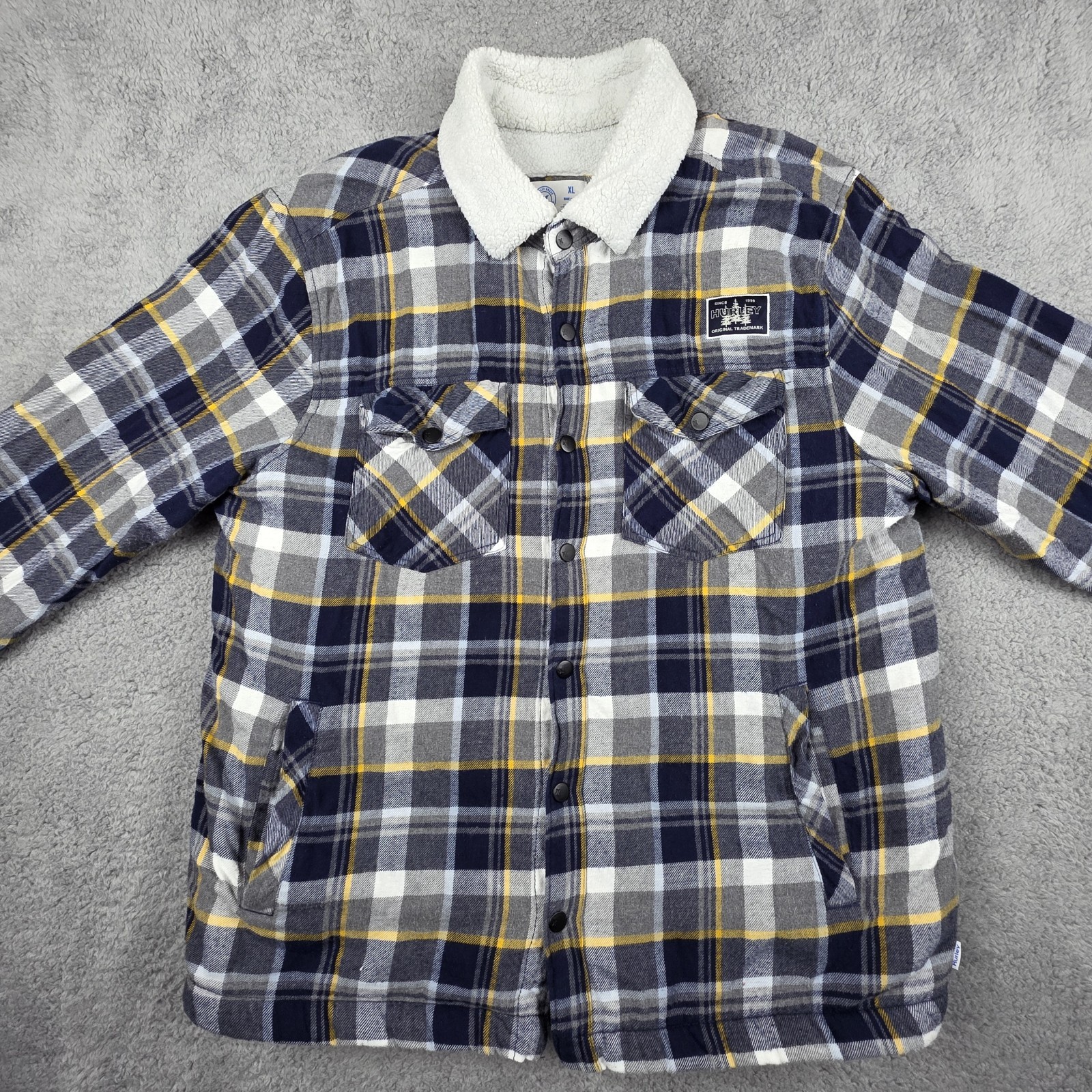 Hurley Jacket Mens Extra Large Plaid Snap Up Sherpa Lined Flap Patch Pockets