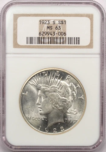 1923-S Peace Silver Dollar $1, NGC MS63, Choice Uncirculated BU