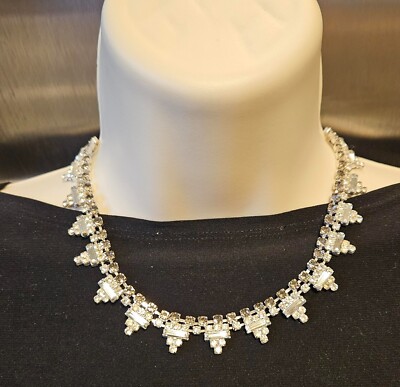 Vtg Art Deco Style Square Rectangle Triangle Clear Smoke Rhinestone Necklace 
