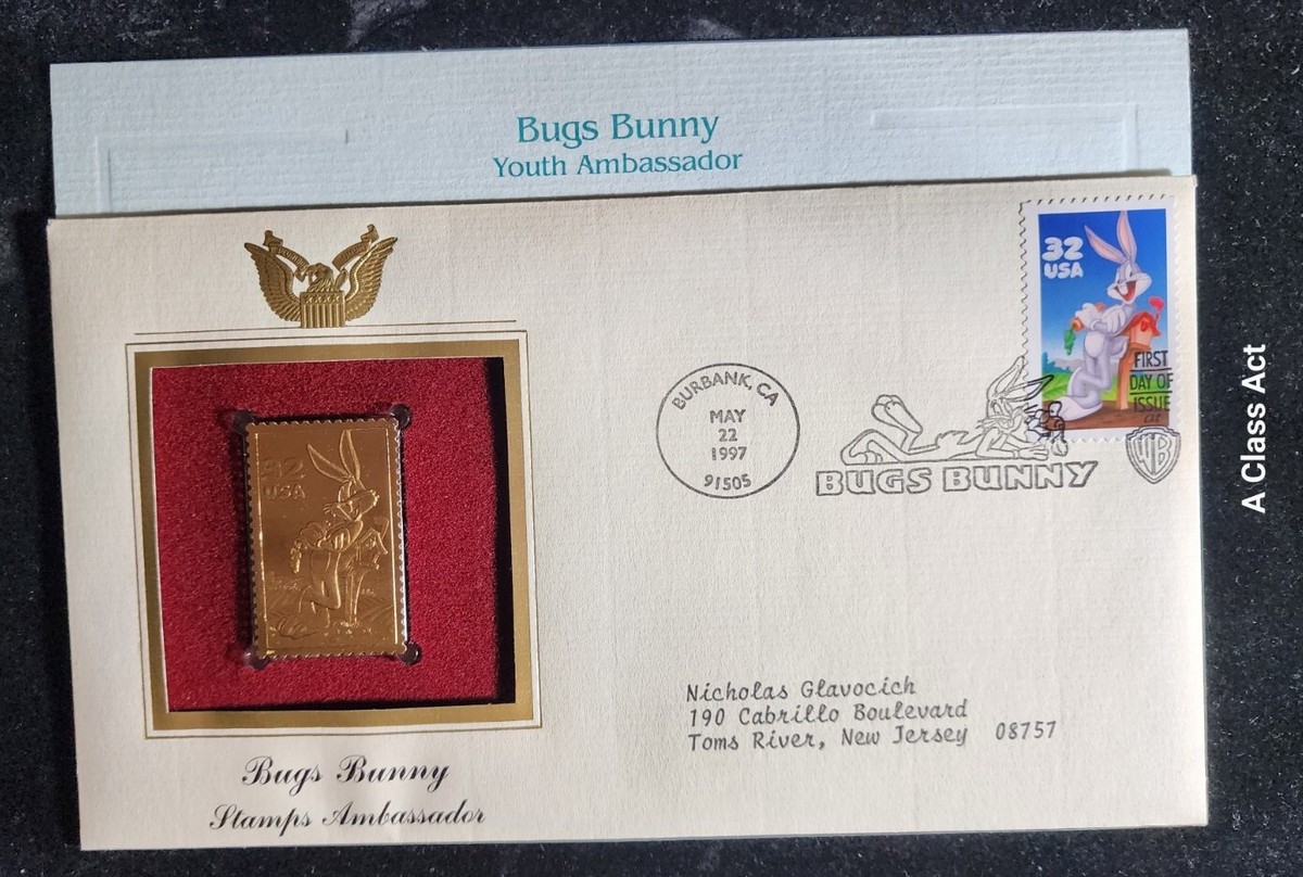 1997 1st Day Issue 22 kt Gold Stamp Replica Bugs Bunny Our SC325