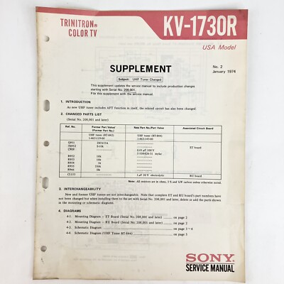OEM 1974 Sony Trinitron Color TV KV-1730R Wire Schematic Modifications Vintage