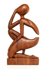 12" Wooden Handmade Abstract Sculpture "The Thinker" Figurine Thinking Statue