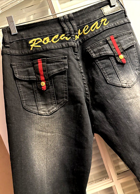Vintage Roca Wear Blk Jeans Gold Logo Flip Pockets Style Y2k  Sz 5 NWTS c4