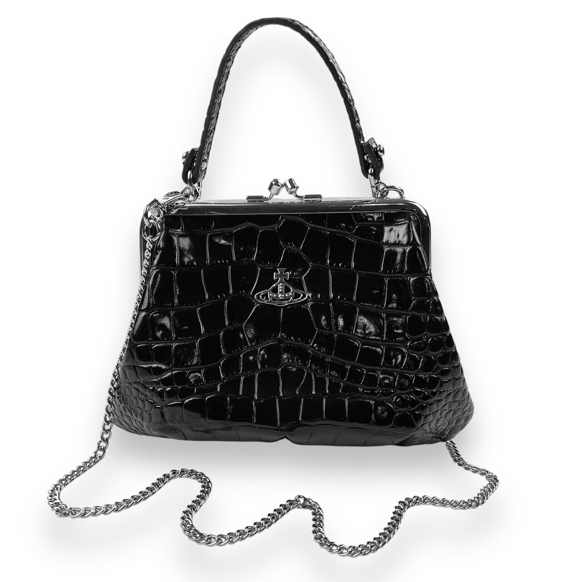 Vivienne Westwood Granny Frame Croc Embossed Black Leather Purse