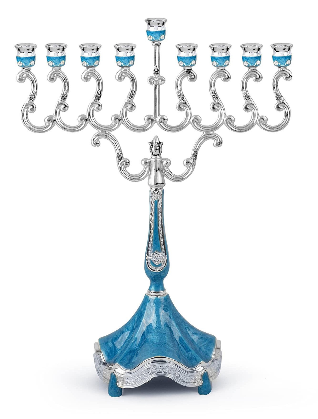 Ner Mitzvah Hanukkah Menorah 9 Branches Blue Marbel Accents 22cm Chanukah Jewish