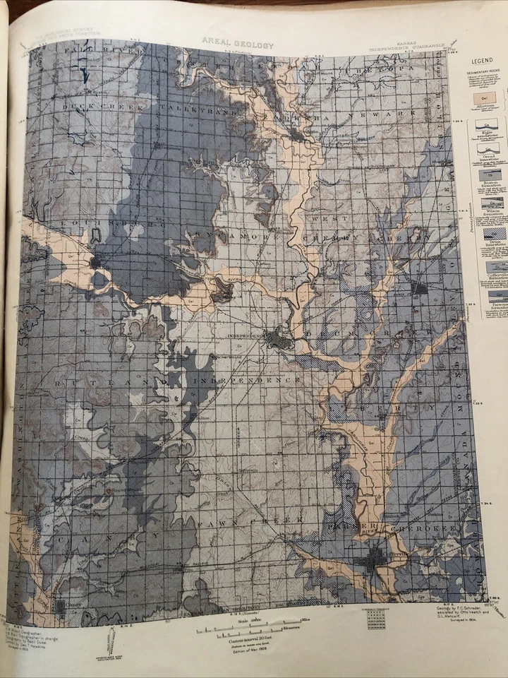 Mapas folio antiguos de 1908 del Atlas Geológico de Estados Unidos Independencia Kansas Foto 3 de 4