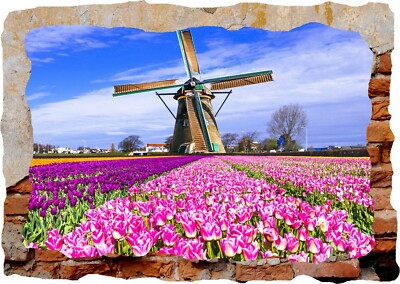 Tulpen Natur Windmühle Niederlande 3D Wandsticker Poster Aufkleber Wandbild Zimmer Z217