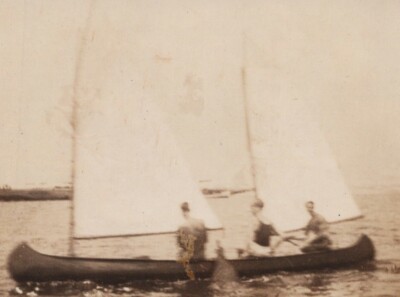 Men Sailing in Canoe Enjoying Summer Leisure 1920-30's Sailboat Candid Handsome 
