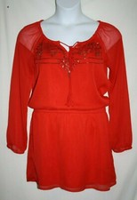 Jessica Simpson Misses MEDIUM Georgette Red Beaded Blouson Sheer Mini Dress