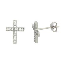 Sterling Silver Micro Pave Cubic Zirconia Stones CROSS Stud Earrings