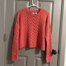 Spiritual Gangster Gemma Cable Knit Sweater Coral Alpaca Merino Medium Cozy Crop
