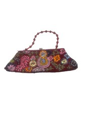 Embroidered Beaded Floral Burgundy Clutch Evening Bag w/ Handle