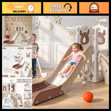 7-in-1 Toddler Slide for Kids 1-3, Indoor Outdoor Playset, Beige Rosy Brown