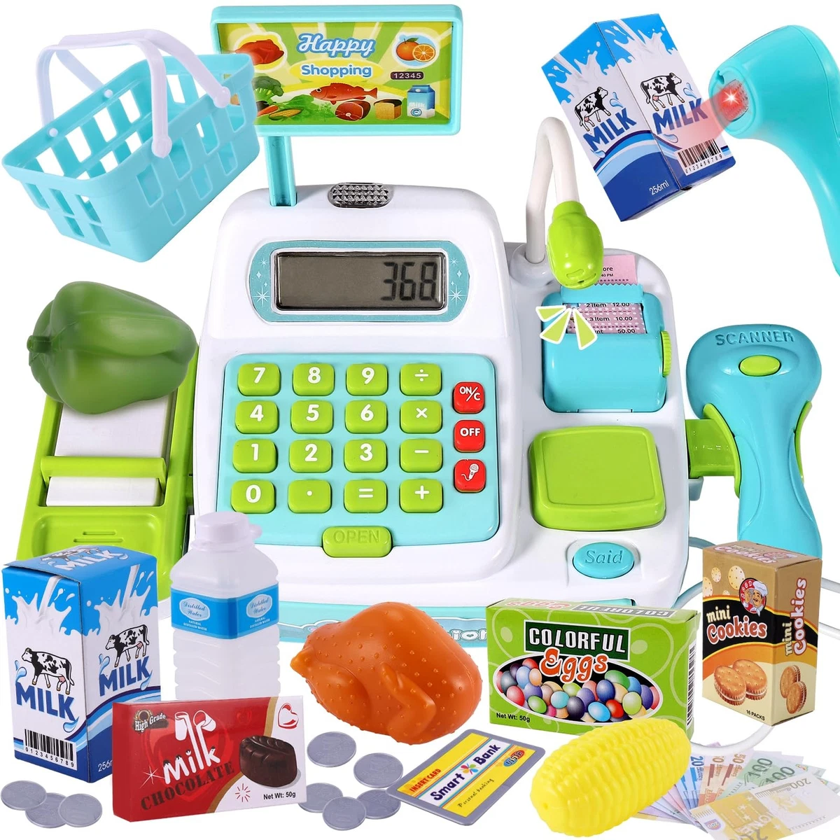 RELAX4LIFE Registratore Di Cassa Giocattolo In Legno Per Bambini, Banco Supermercato Con Distributore, Scanner E 15 Accessori, Viola 89x57x80 Cm - 3