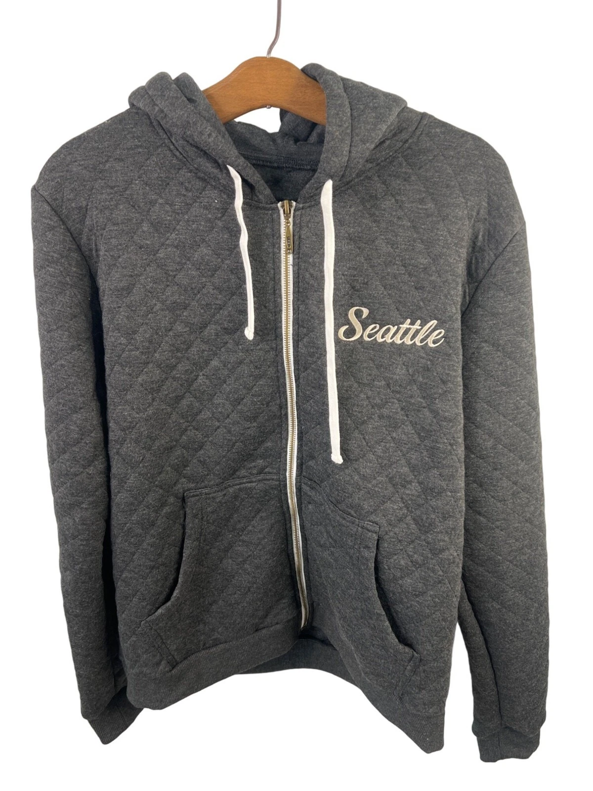 Seattle Full Zip Hoodie Jacket Size Large SOFT Quilted Long Sleeve Dark Gray