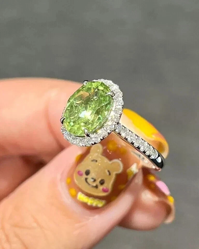 14K White Gold Oval 3.60 Ct Natural Peridot Diamond Bridal Wedding Ring Solid - Image 3 of 4