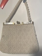 Vintage Beaded Ivory Purse HandBag Mother of Pearl Trim Handle Clasp Mid Century