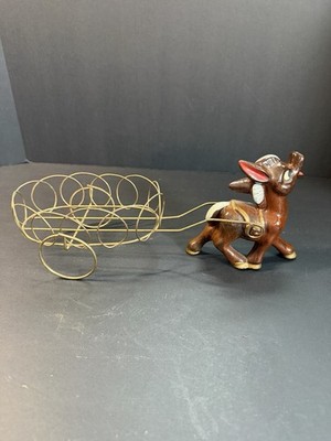 Vintage Donkey Pulling Cart Wire Basket Figurine Planter Mid Century Decor