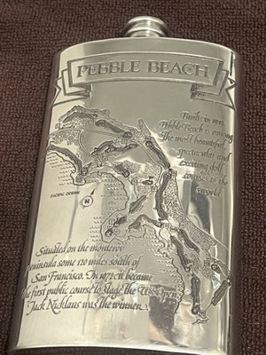 Pebble Beach Engraved Silver Metal Flask Championship Course Map Scorecard New