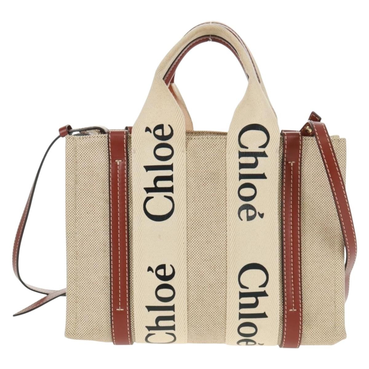 Chloe Woody Convertible Tote Canvas With Leather Beige Canvas Tote Bag Bag (Pre-Owned)