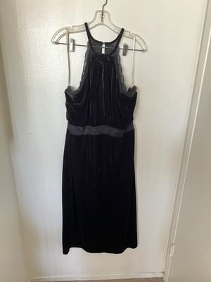 BCBGeneration Black Velvet Lace Halter Midi Dress XL Whimsigoth Fairy Cocktail