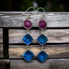 Beautiful Blue Topaz & Red Ruby Drop Dangle 925 Silver Hoop Earring